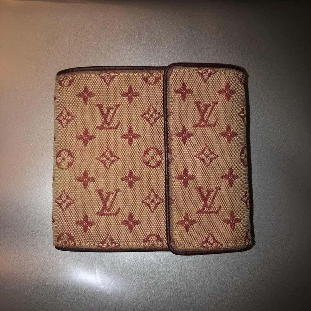 Authentic Louis Vuitton red monogram mini Lin canvas compact wallet